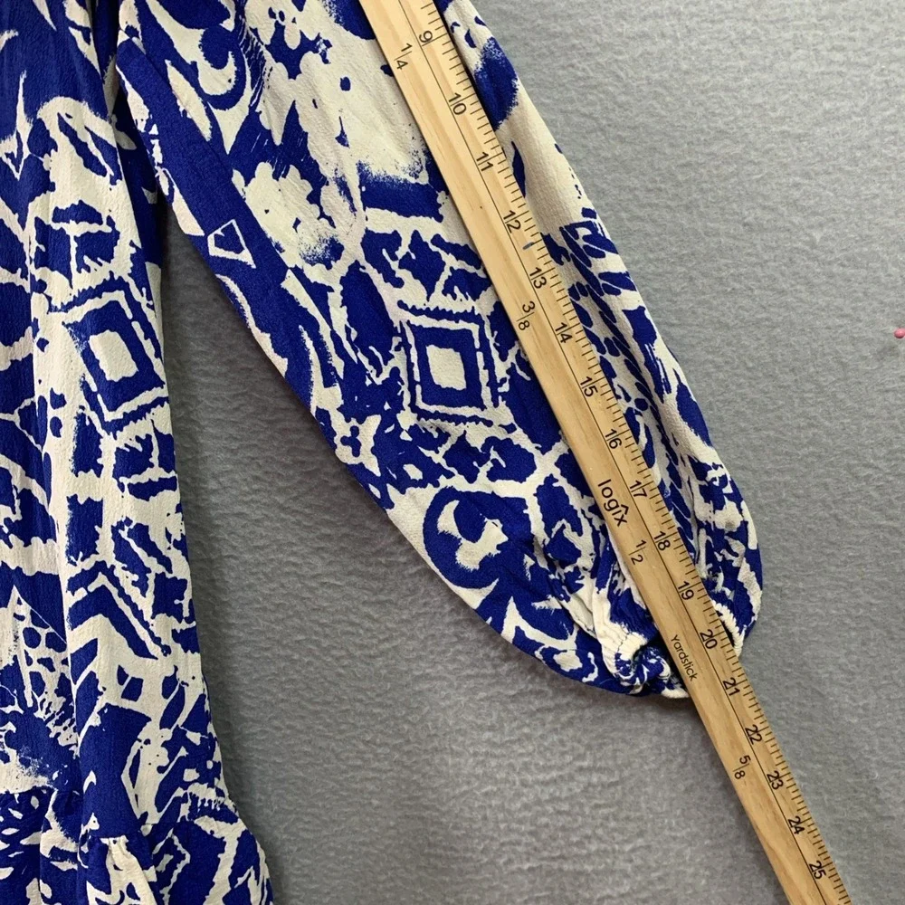 Zara‎ Women's Blue White Geometric V-Neck Balloon Sleeve Fit & Flare Dress XS